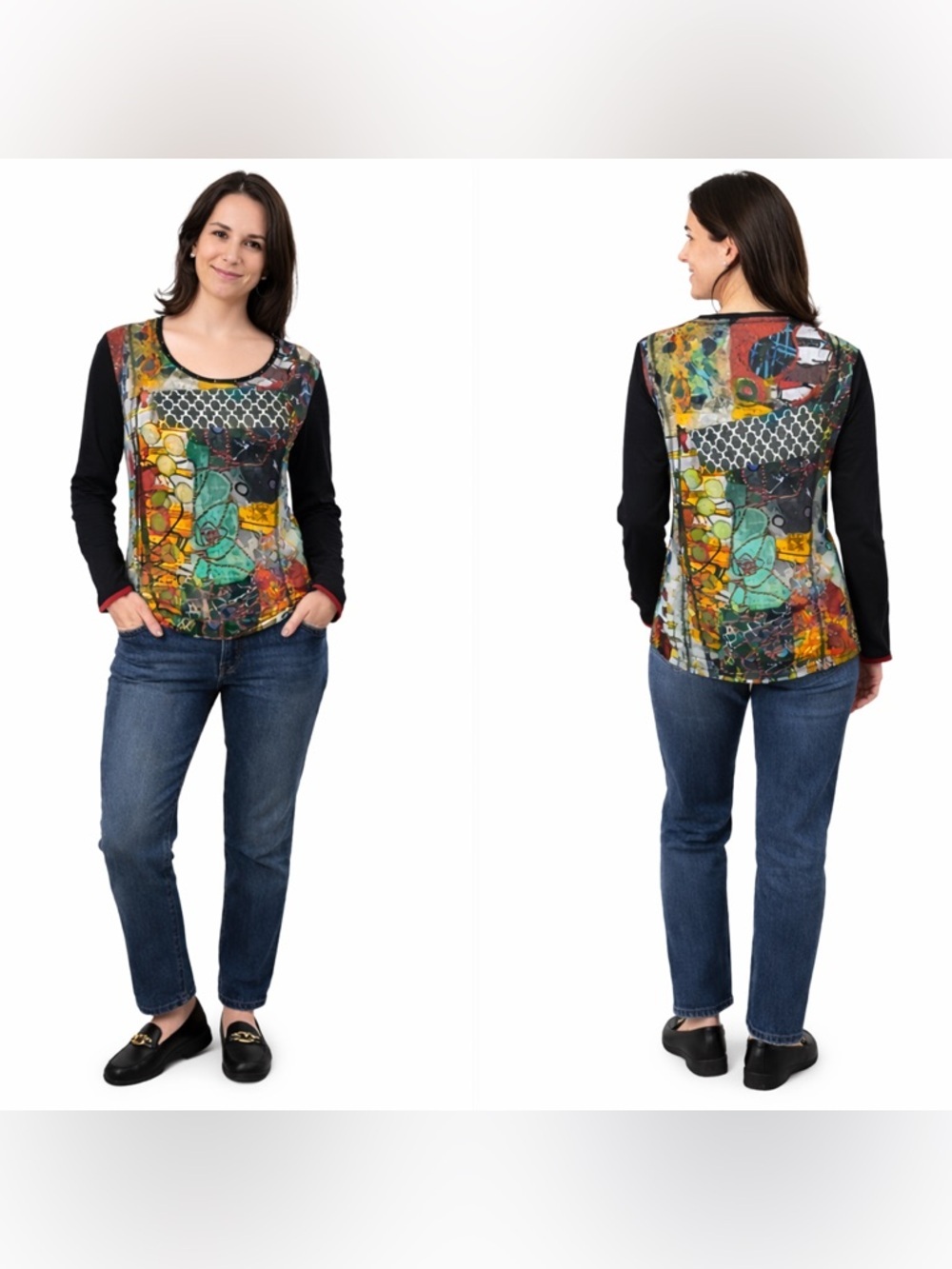 Multicolor Abstract Print Long Sleeve Scoop Neck Top - Black Sleeves